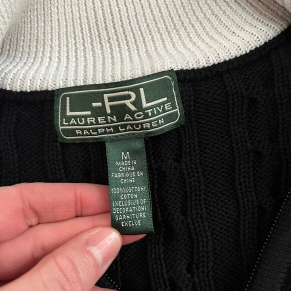 Ralph Lauren Black Cable Knit Full Zip Sweater Jacket RL Crest Logo vintage M - Picture 5 of 7